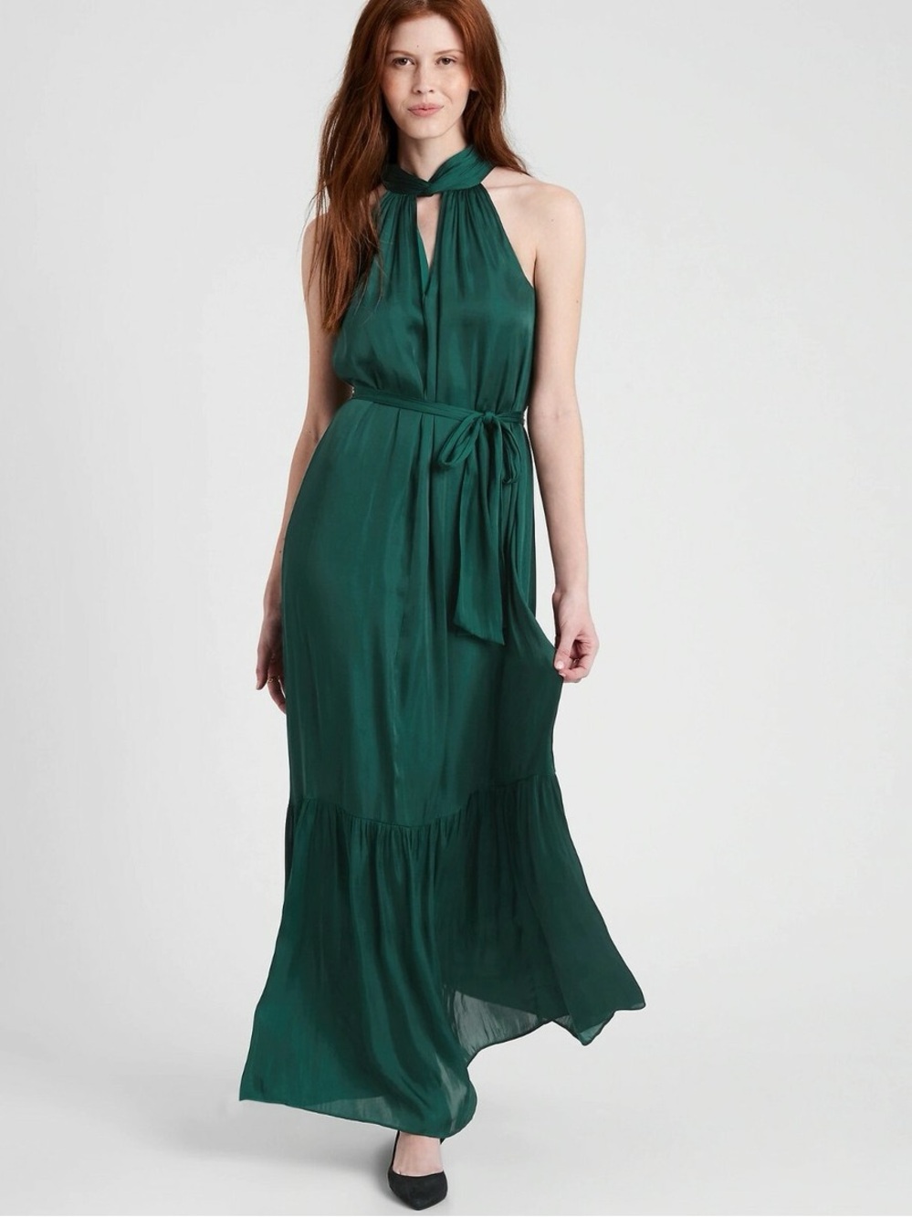 NWT Banana Republic Satin Twisted Maxi Dress Elegant RARE Emerald Loch Green 14